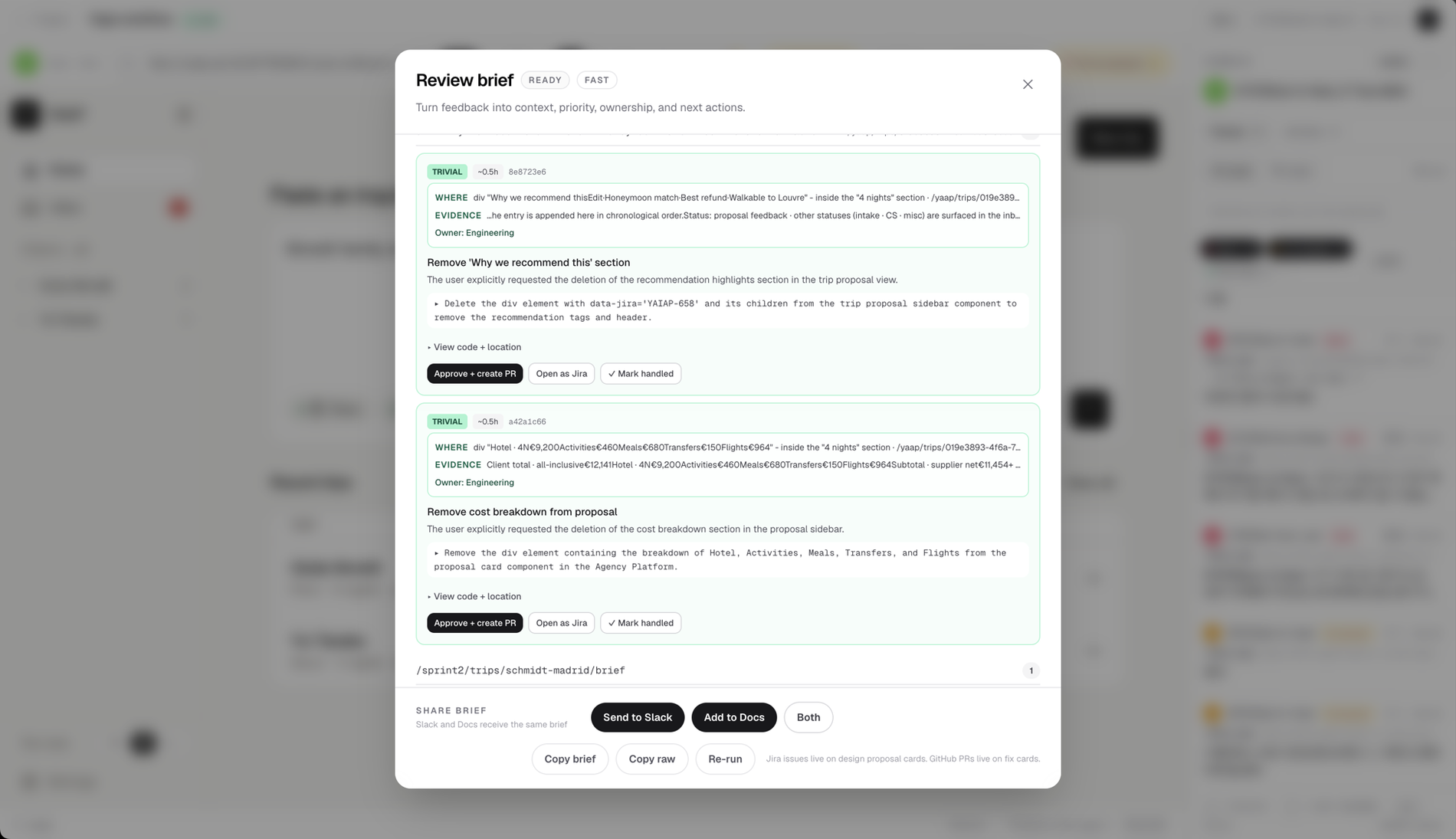 Review brief ready, actionable cards