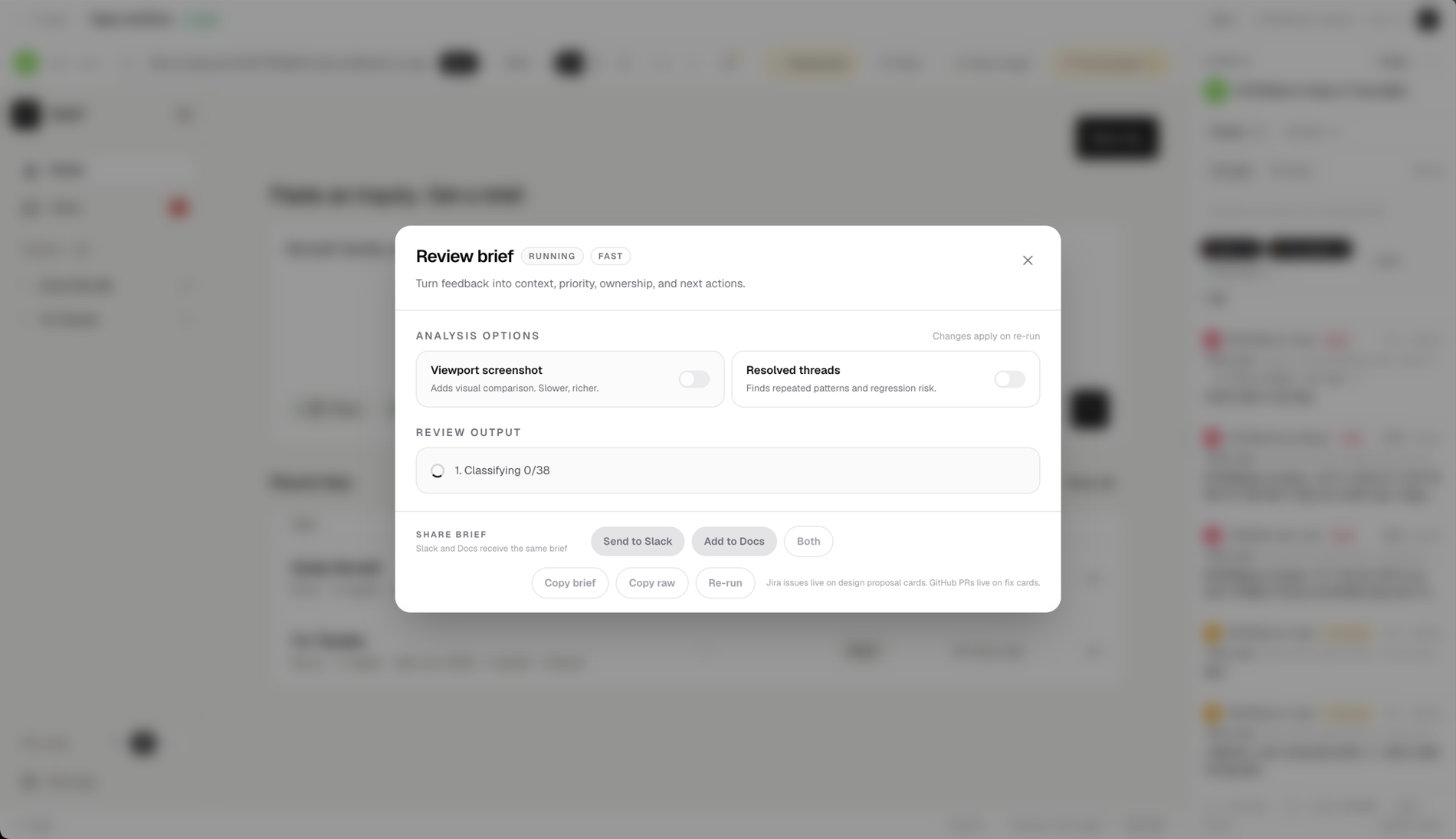 Review brief modal, running